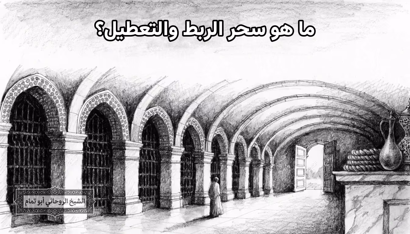 بهو بأبواب مقوسة مغلقة بقضبان وباب واحد مفتوح يرمز إلى معنى سحر الربط والتعطيل