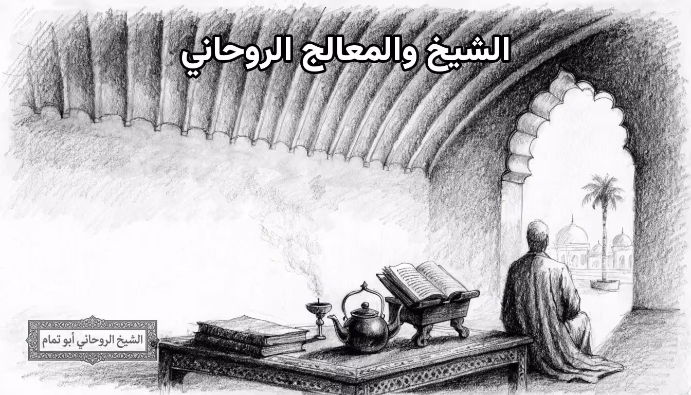 غرفة استشارة الشيخ الروحاني بكتبها وأدواتها النحاسية حيث تبدأ مراجعة كل حالة