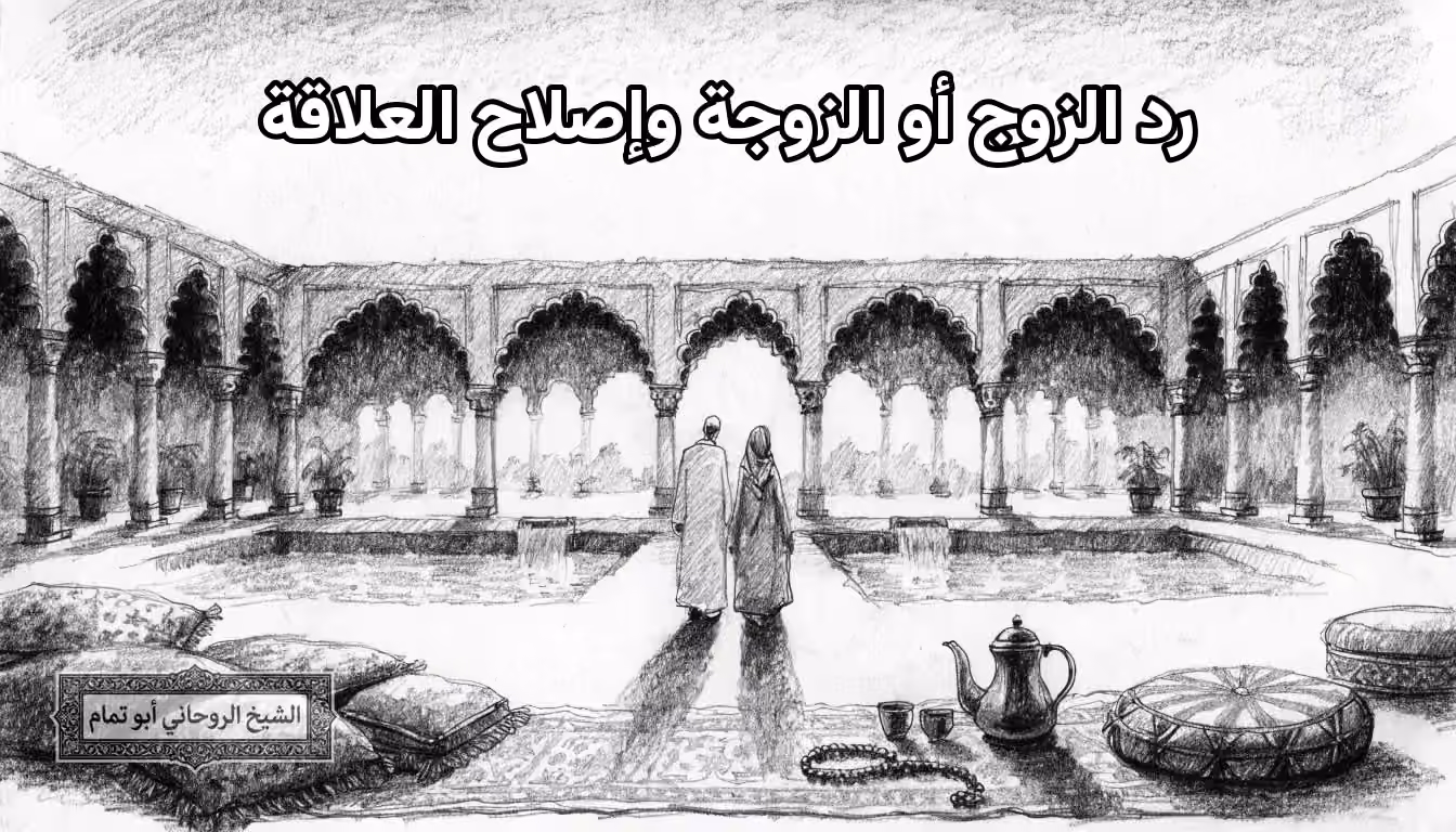 فناء داخلي يسير فيه الزوجان معًا قرب النافورة، يمثّل رد الزوج أو الزوجة وإصلاح العلاقة