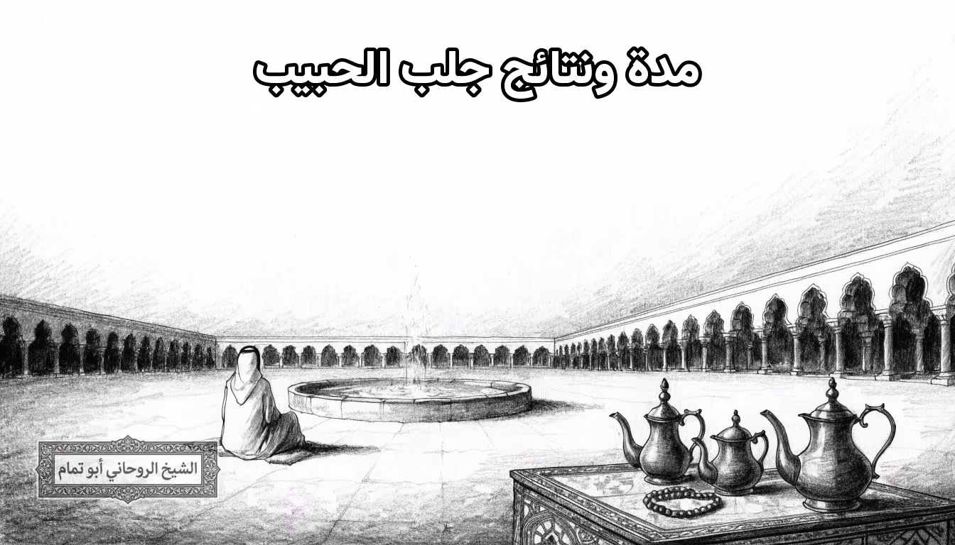 أباريق نحاسية بأحجام مختلفة في فناء عربي مع مسبحة، ترمز إلى اختلاف مدة الحالات