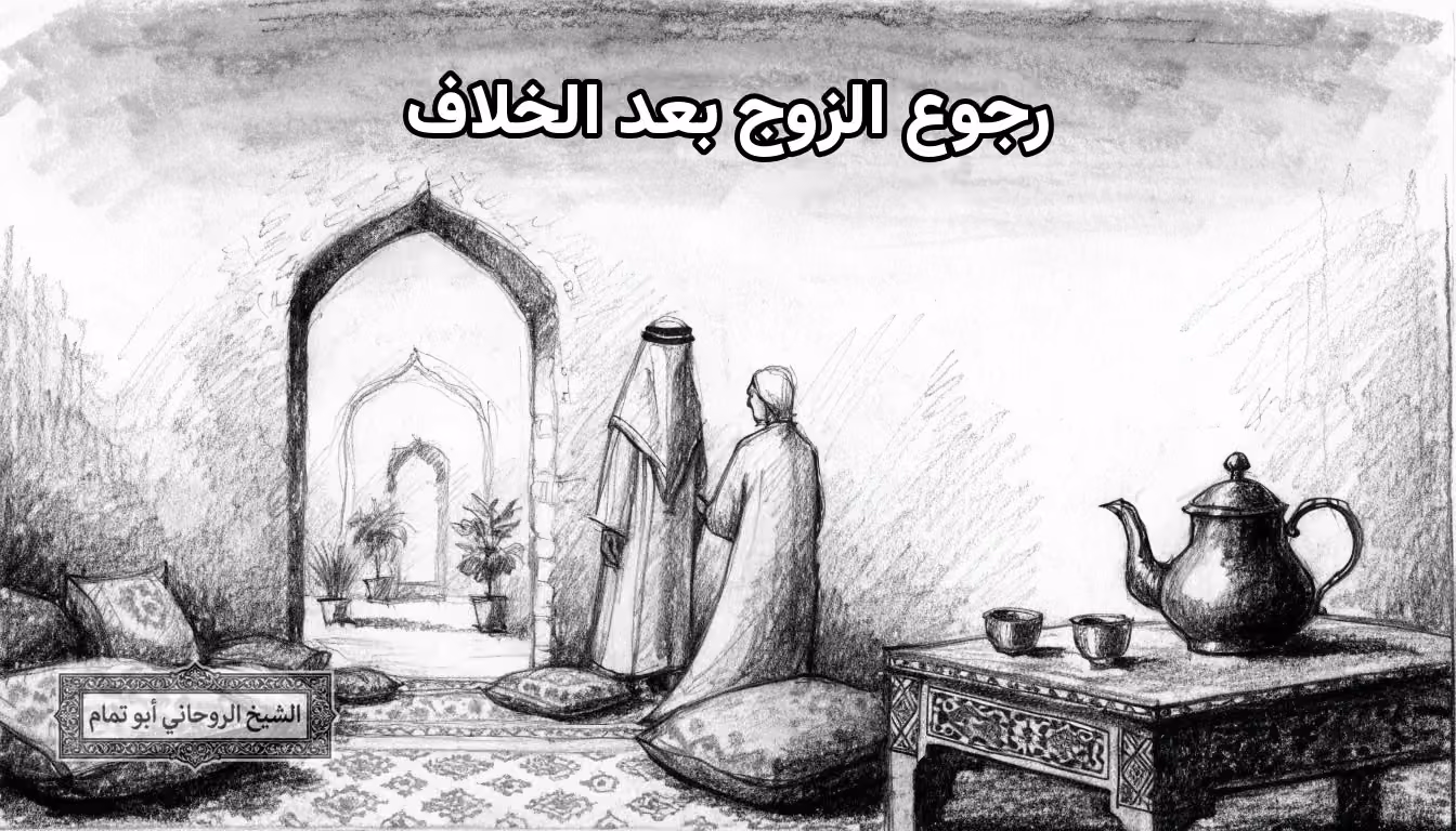 مجلس يستقبل فيه الطرف الآخر عند باب مقنطر مع إبريق وفناجين، يمثّل رجوع الزوج بعد الخلاف