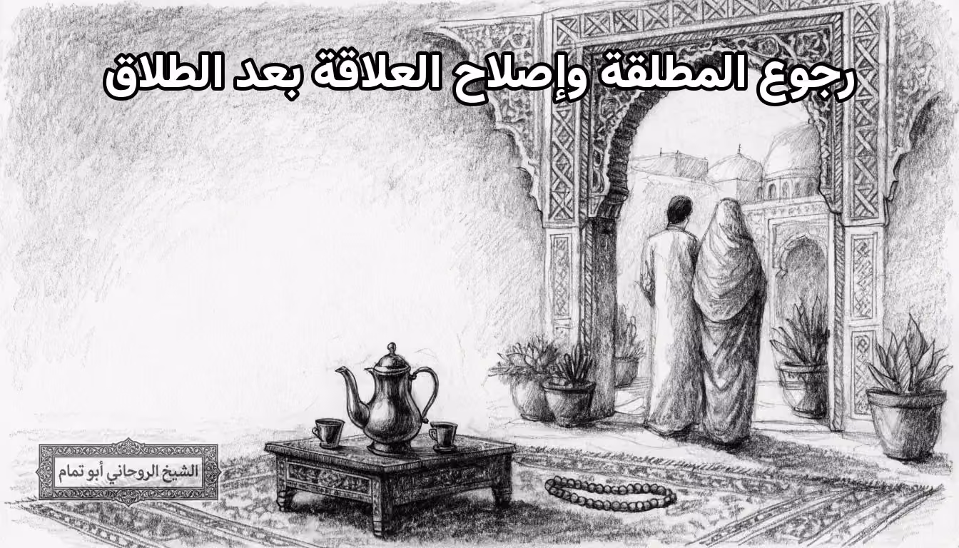 باب مقنطر مفتوح على فناء فيه نافورة، يمثّل رجوع المطلقة وإصلاح العلاقة بعد الطلاق
