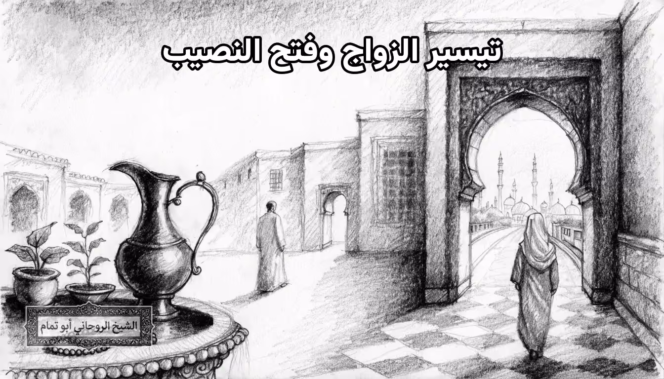 امرأة تعبر بوابة مفتوحة على طريق وقباب بعيدة ترمز إلى تيسير الزواج وفتح النصيب