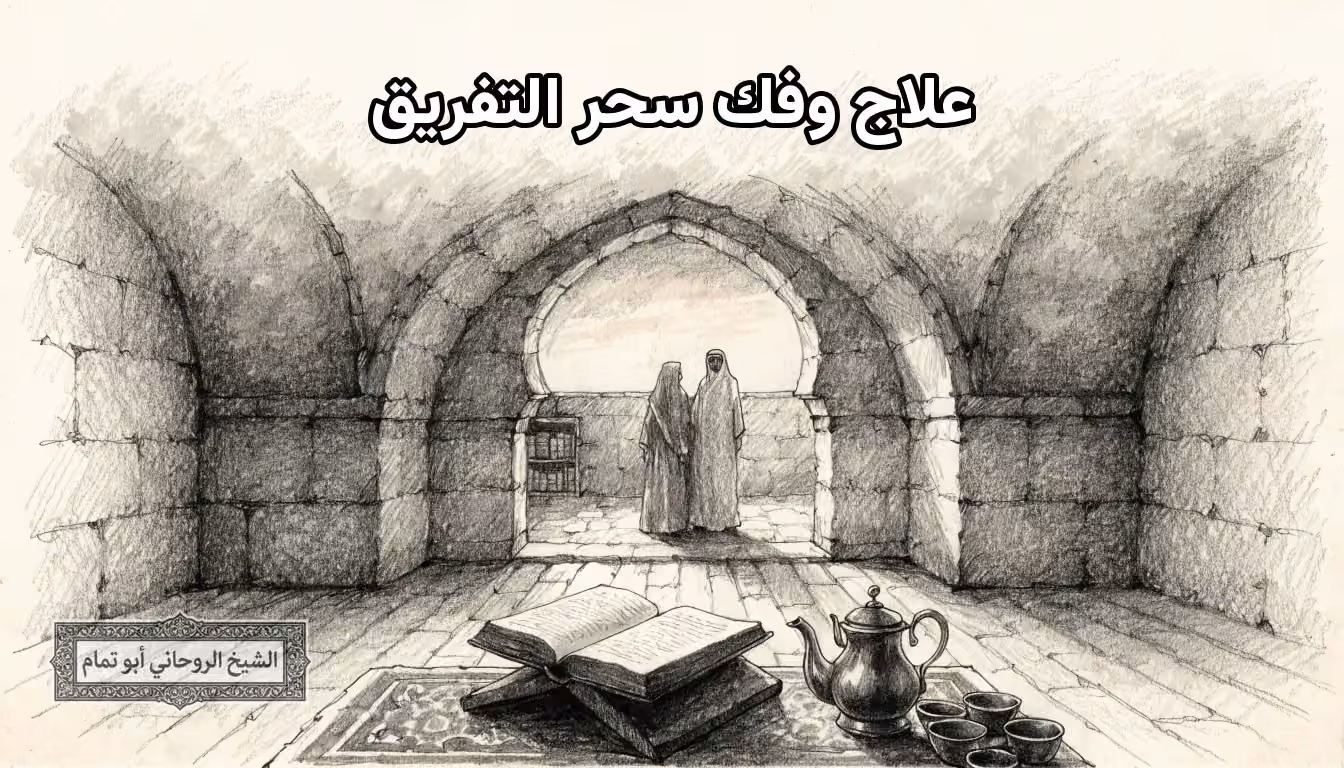 قاعة مقببة يُستقبل فيها الطرفان أمام كتاب مفتوح ومبخرة، تمثّل علاج وفك سحر التفريق